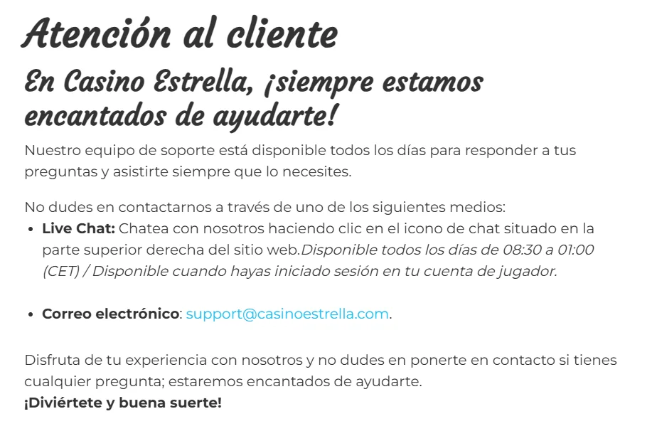 Atención al cliente de Casino Estrella
